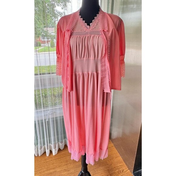 Vintage 1960s lingerie set, peach/coral pastel, negligee & peignoir, 2 pieces - Picture 8 of 10